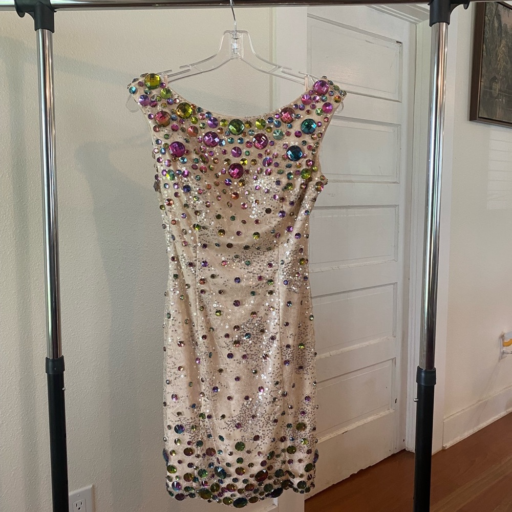 Maggie Sottero Jewel-Embellished Cream Mini Dress